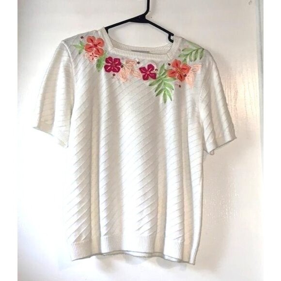 Alfred Dunner Petite Floral Embroidered White Short Sleeve Knit Sweater Womens L - Picture 1 of 8